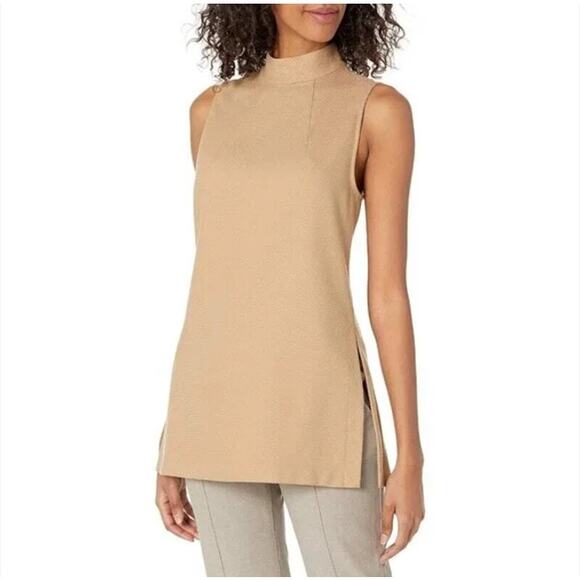 MINIMALIST Longline Top – Trina Turk High Neck Side Slit Neutral – Size 6 - Picture 1 of 9